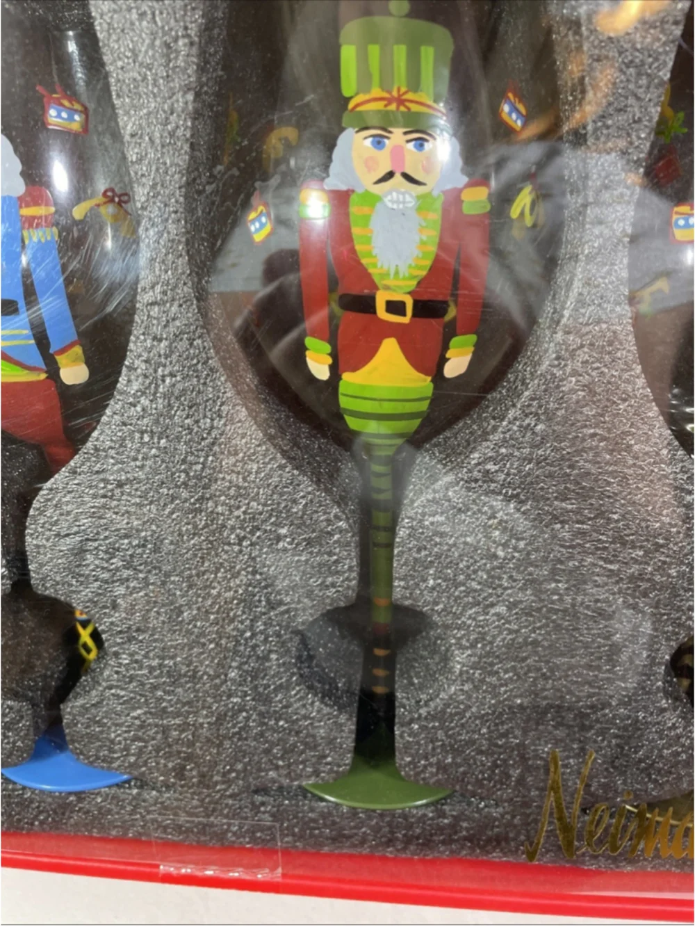 NIB Neiman Marcus Hand Painted Nutcracker Wine Glasses Set of 4 Christmas 9 inch